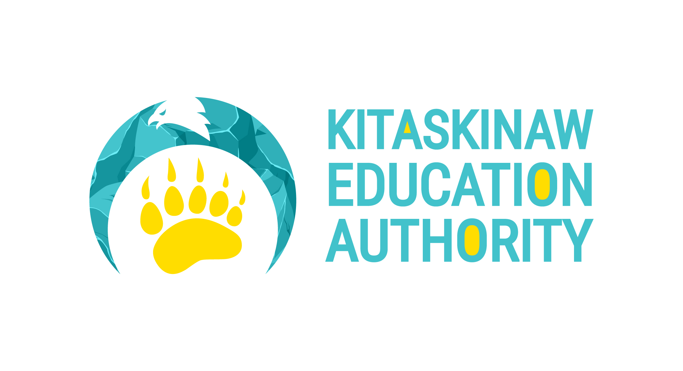 Kitaskinaw Education Authority logo. A blue eagle's wings encompass a yellow paw print from a bear. The words Kitaskinaw Education Authority are written in light blue text to the right of the image.