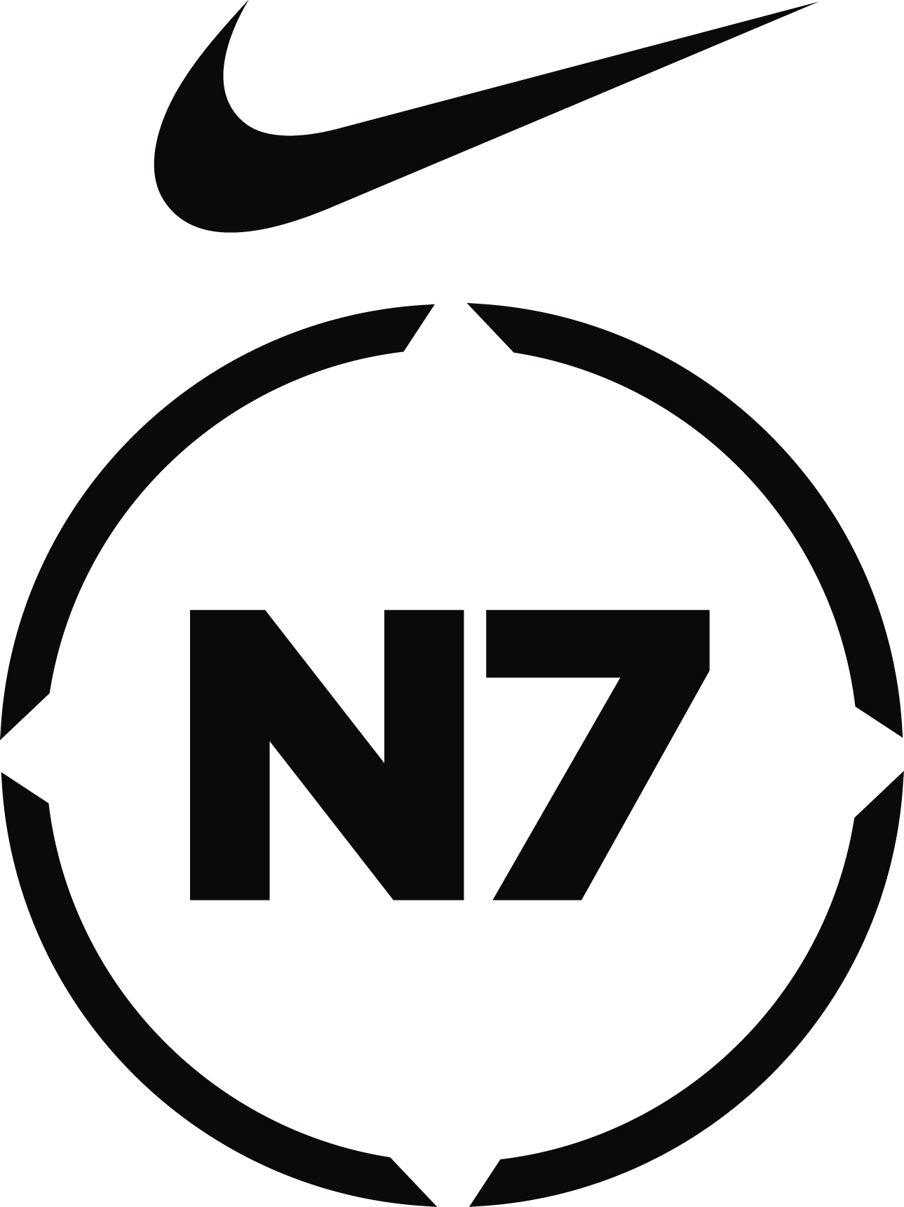 N7 logo consisting of a black Nike swoosh above a black circle. N7 is in the centre of the circle.